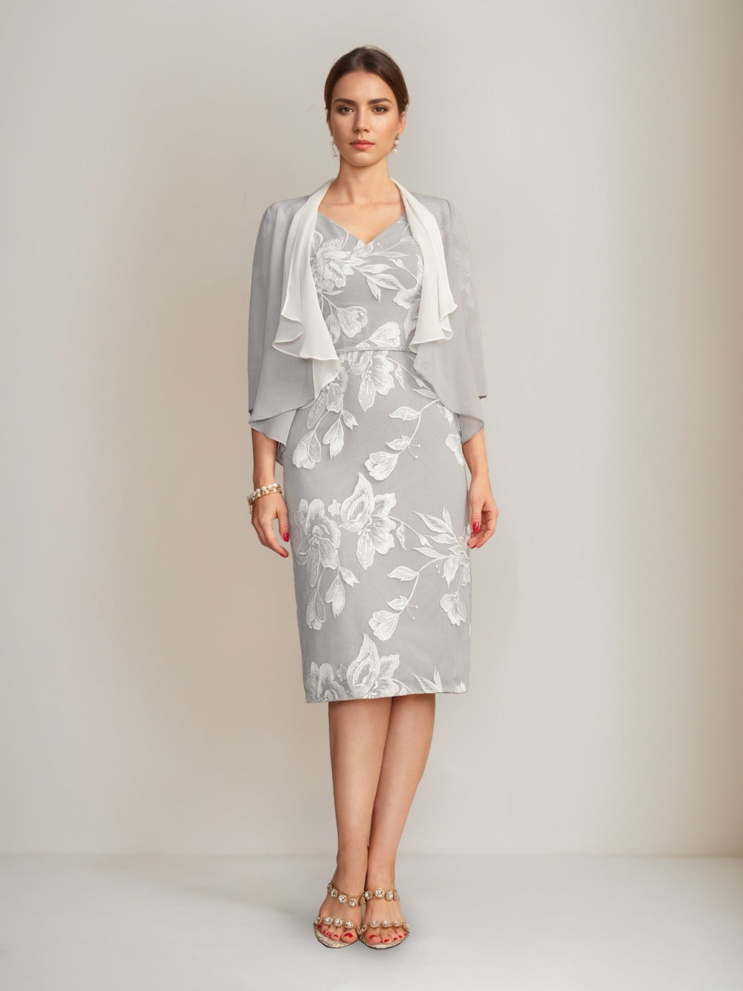 Gaine/Colonne Col en V Demi-manches Longueur Genou Perles Robes Mère de La Mariée avec Floral Broderie & Appliques & Jacket