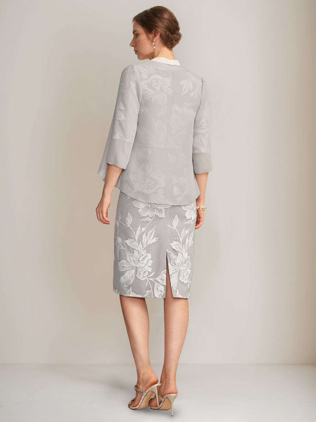 Gaine/Colonne Col en V Demi-manches Longueur Genou Perles Robes Mère de La Mariée avec Floral Broderie & Appliques & Jacket