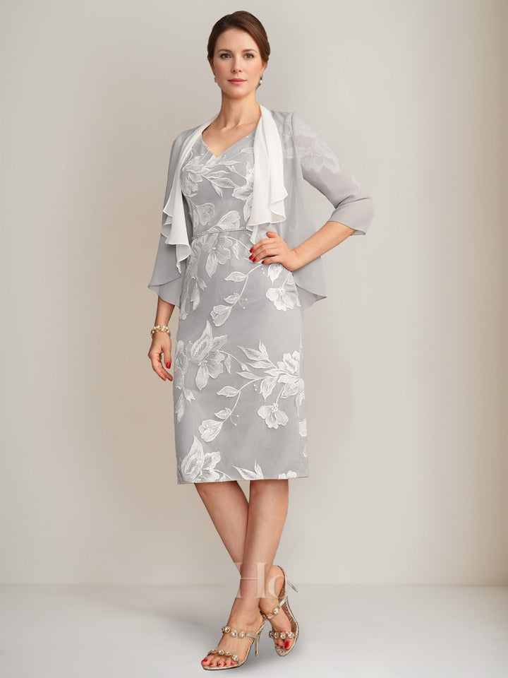 Gaine/Colonne Col en V Demi-manches Longueur Genou Perles Robes Mère de La Mariée avec Floral Broderie & Appliques & Jacket
