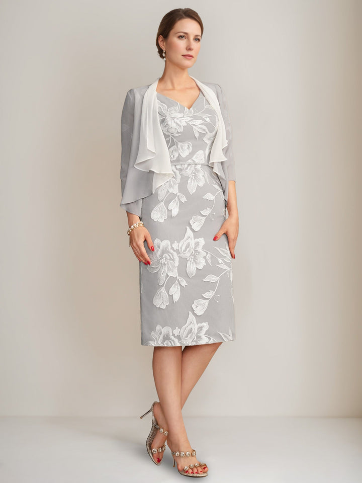 Gaine/Colonne Col en V Demi-manches Longueur Genou Perles Robes Mère de La Mariée avec Floral Broderie & Appliques & Jacket