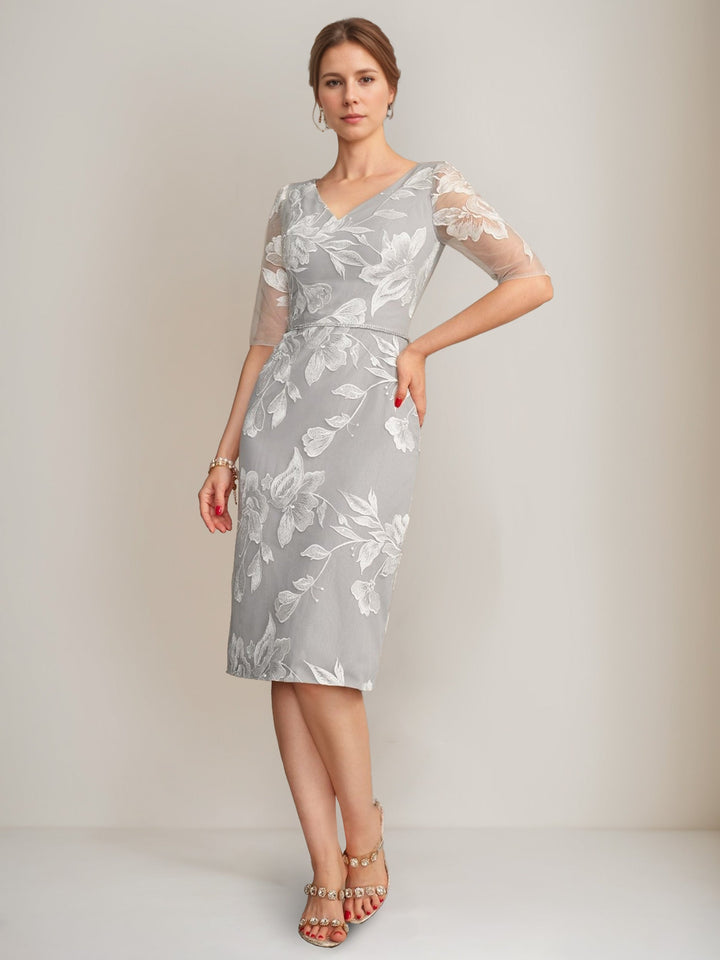 Gaine/Colonne Col en V Demi-manches Longueur Genou Perles Robes Mère de La Mariée avec Floral Broderie & Appliques & Jacket