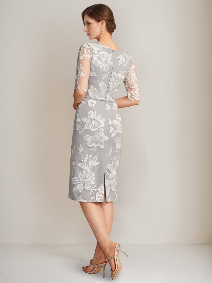 Gaine/Colonne Col en V Demi-manches Longueur Genou Perles Robes Mère de La Mariée avec Floral Broderie & Appliques & Jacket