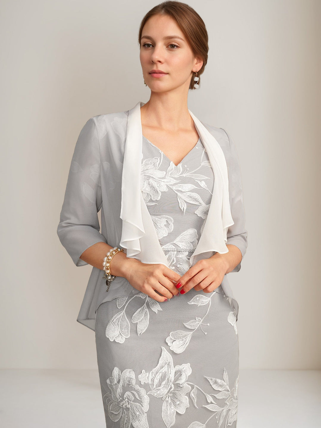 Gaine/Colonne Col en V Demi-manches Longueur Genou Perles Robes Mère de La Mariée avec Floral Broderie & Appliques & Jacket