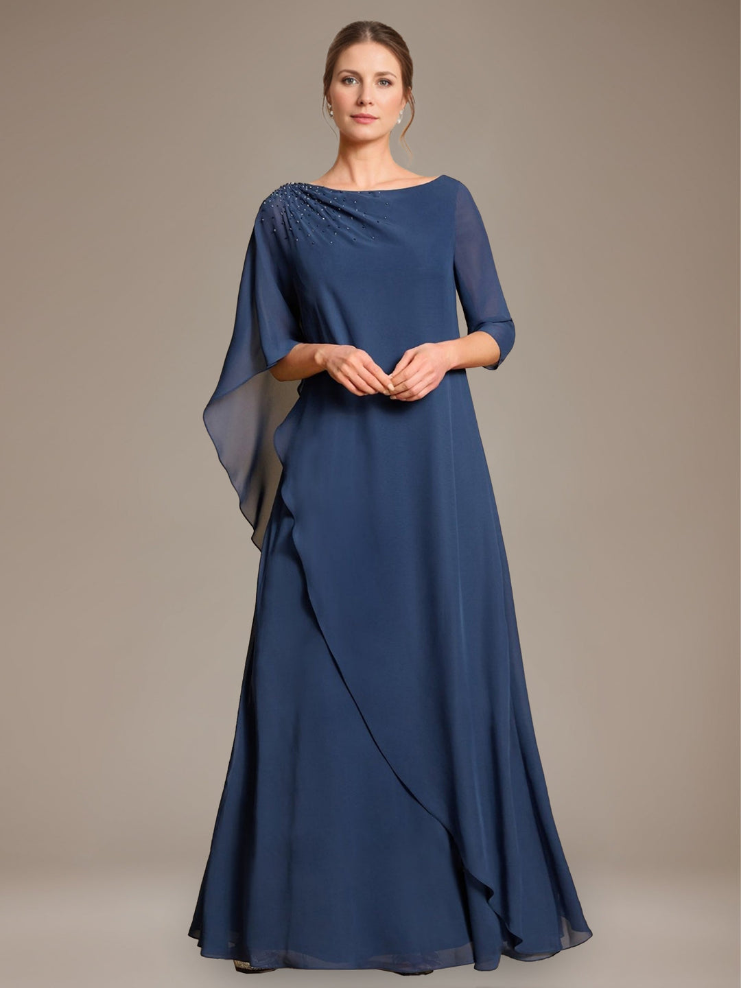 Ligne A/Princesse Scoop Cape Sleeves La Longueur du Sol Pleated Robe Mère de La Mariée avec Beads & Froufrous