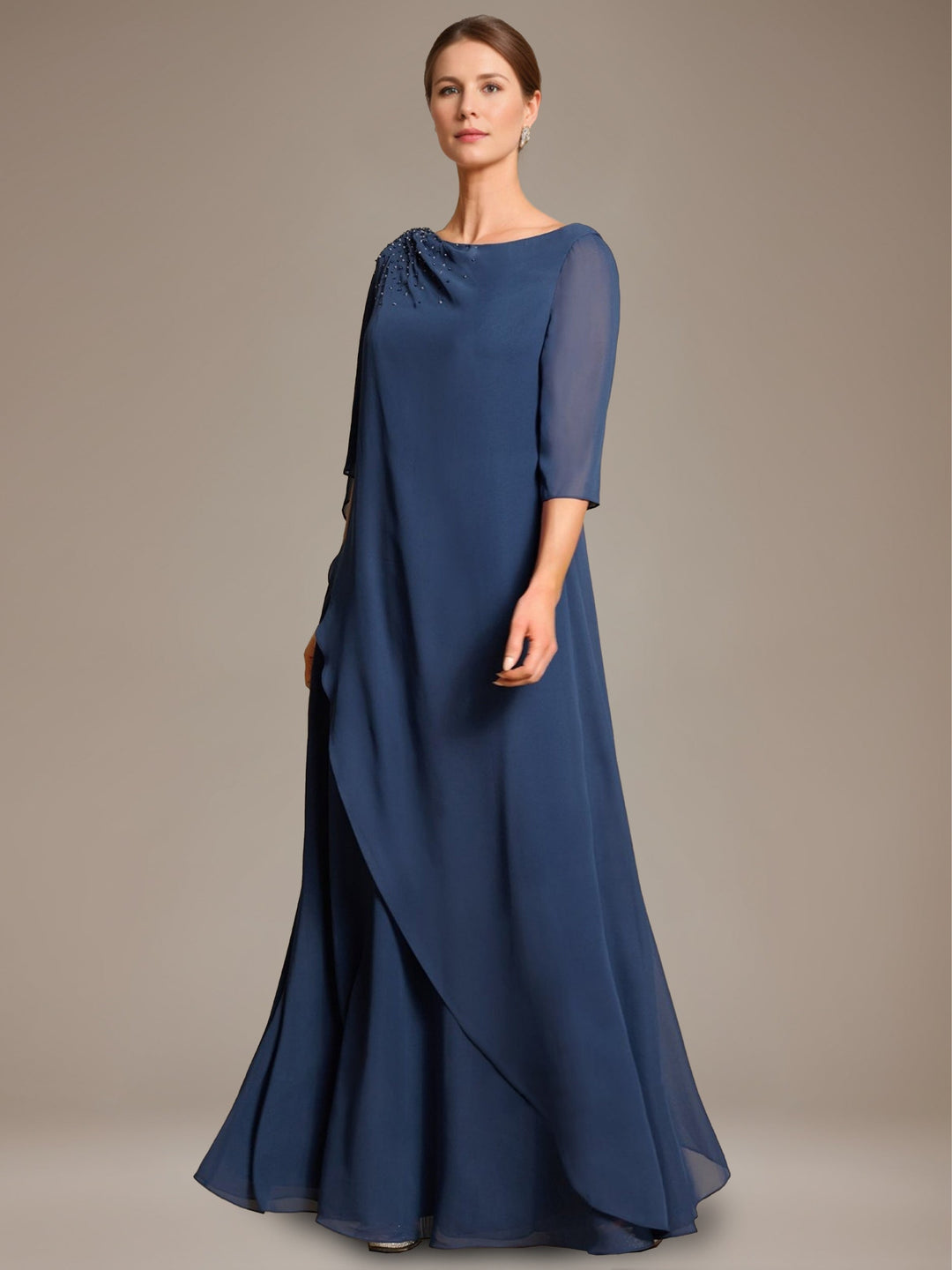 Ligne A/Princesse Scoop Cape Sleeves La Longueur du Sol Pleated Robe Mère de La Mariée avec Beads & Froufrous