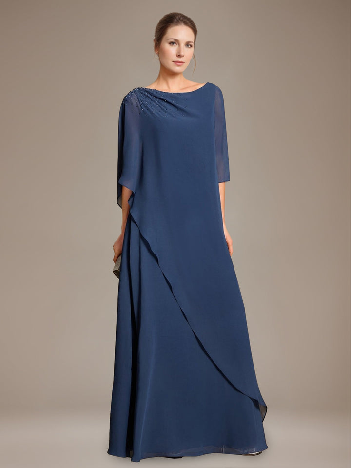 Ligne A/Princesse Scoop Cape Sleeves La Longueur du Sol Pleated Robe Mère de La Mariée avec Beads & Froufrous