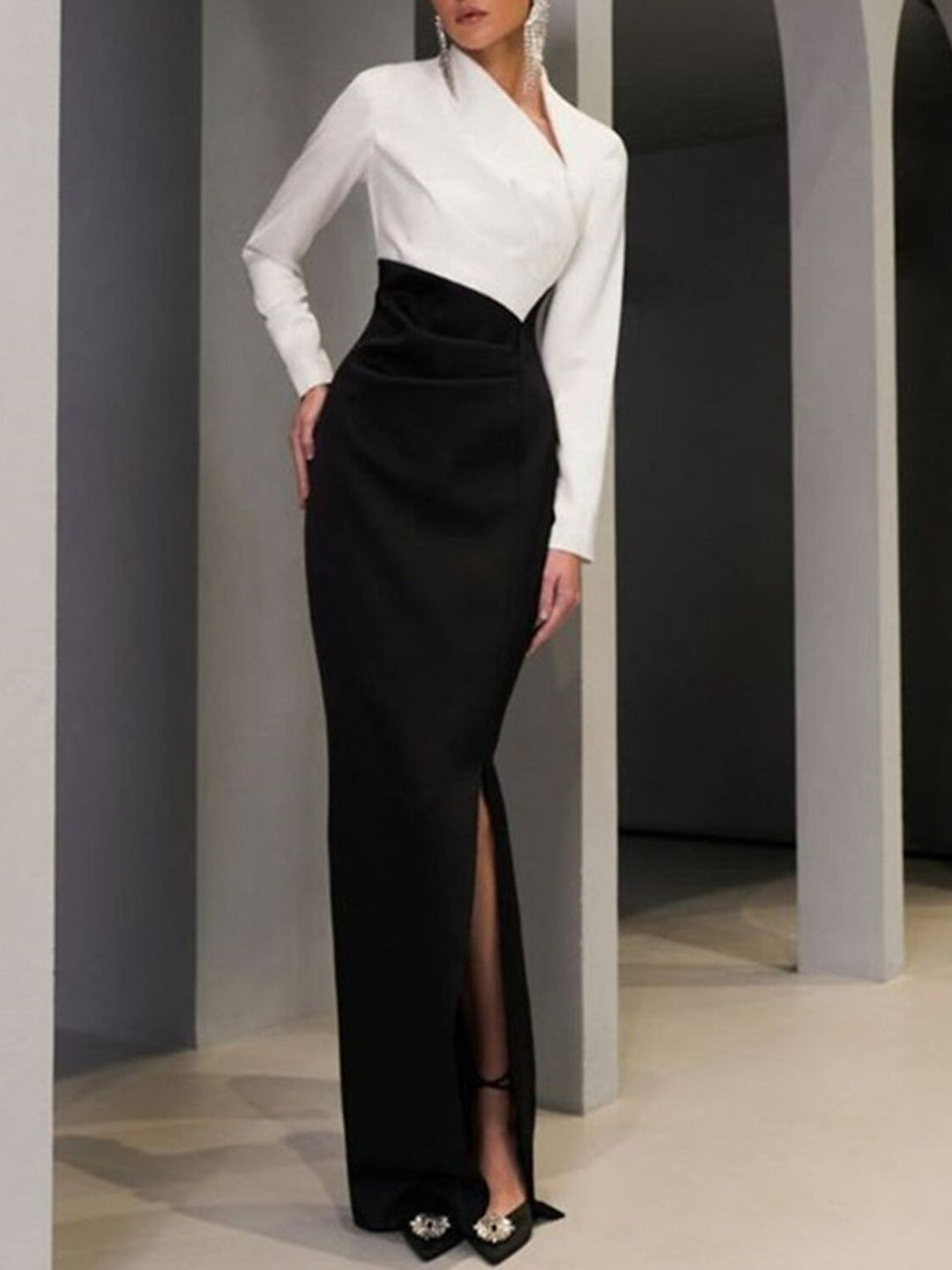 Gaine/Colonne Asymétrique Col en V Manches Longues La Longueur du Sol Robes Mère de La Mariée avec Slit