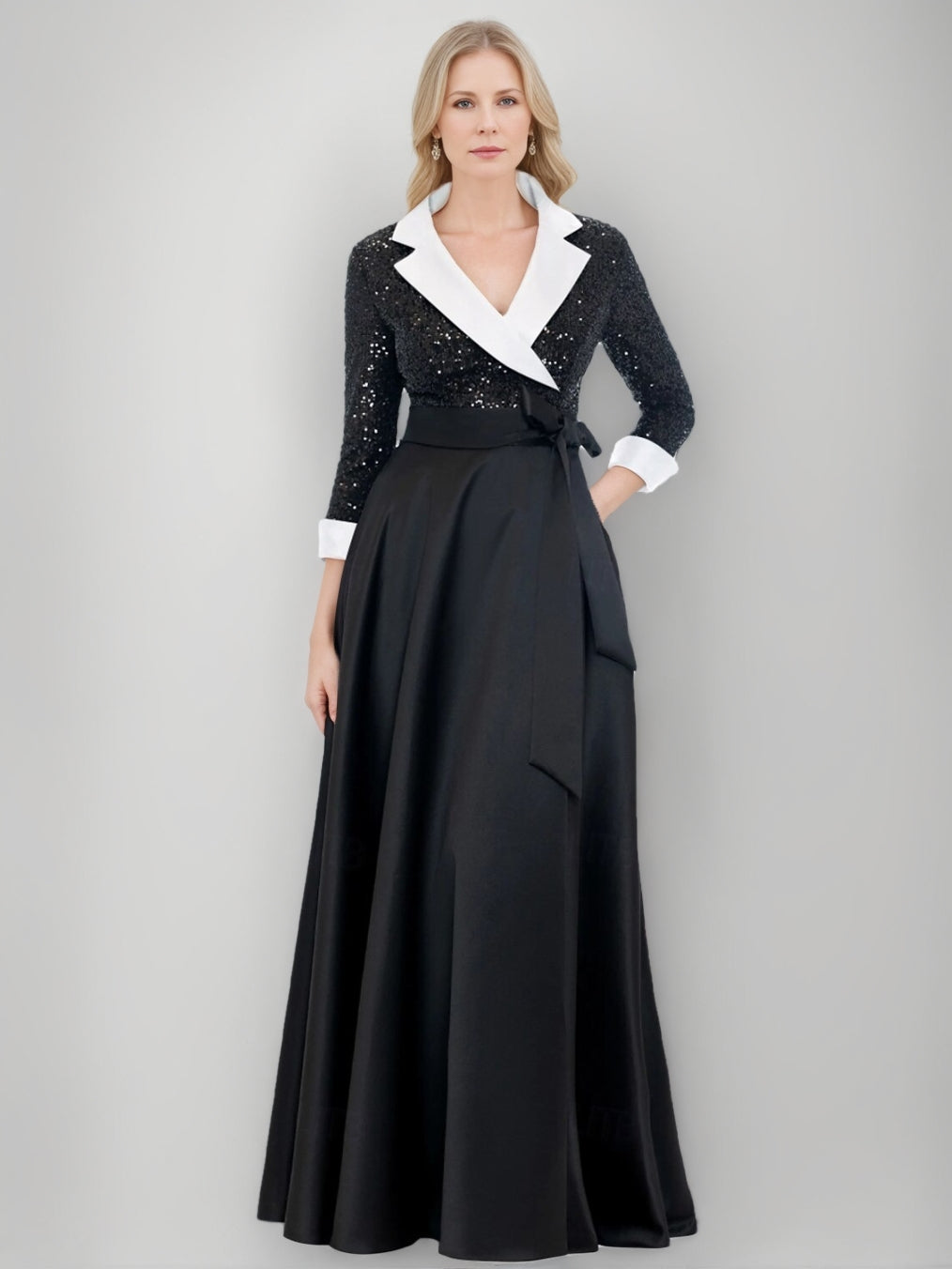 Ligne A/Princesse Shirt Collar 3/4 Manches La Longueur du Sol Robes Mère de La Mariée avec Paillettes & Self-tie Ceinture & Poche 