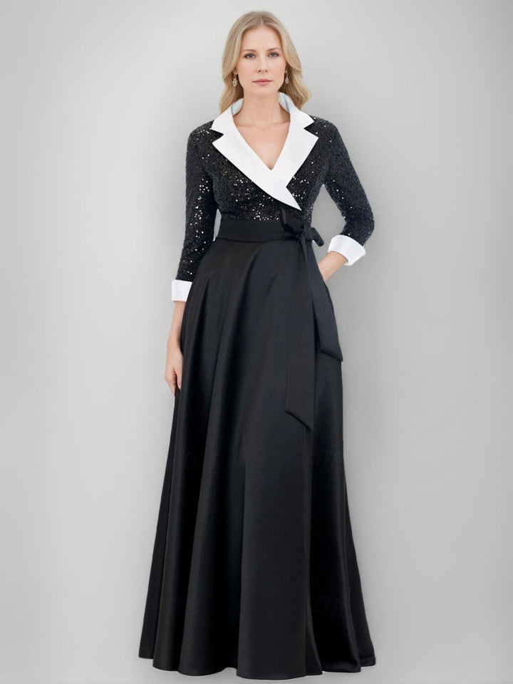 Ligne A/Princesse Shirt Collar 3/4 Manches La Longueur du Sol Robes Mère de La Mariée avec Paillettes & Self-tie Ceinture & Poche 
