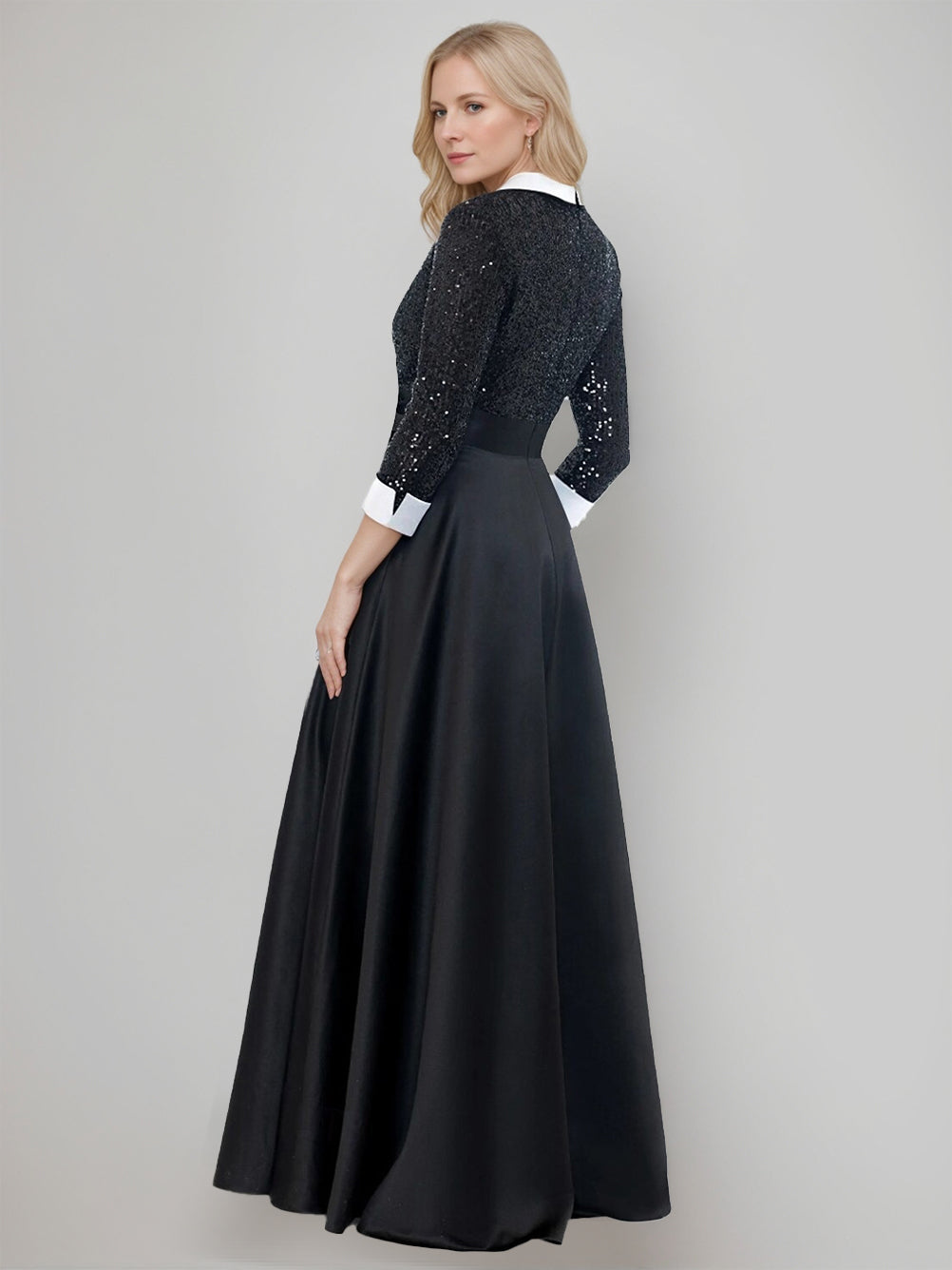 Ligne A/Princesse Shirt Collar 3/4 Manches La Longueur du Sol Robes Mère de La Mariée avec Paillettes & Self-tie Ceinture & Poche 