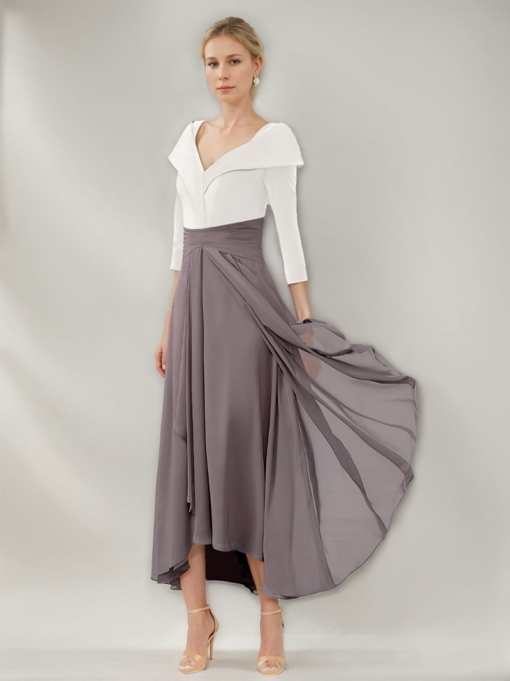 Ligne A/Princesse Col en V 3/4 Manches Asymétrique Pleated Robes Mère de La Mariée avec Froufrous