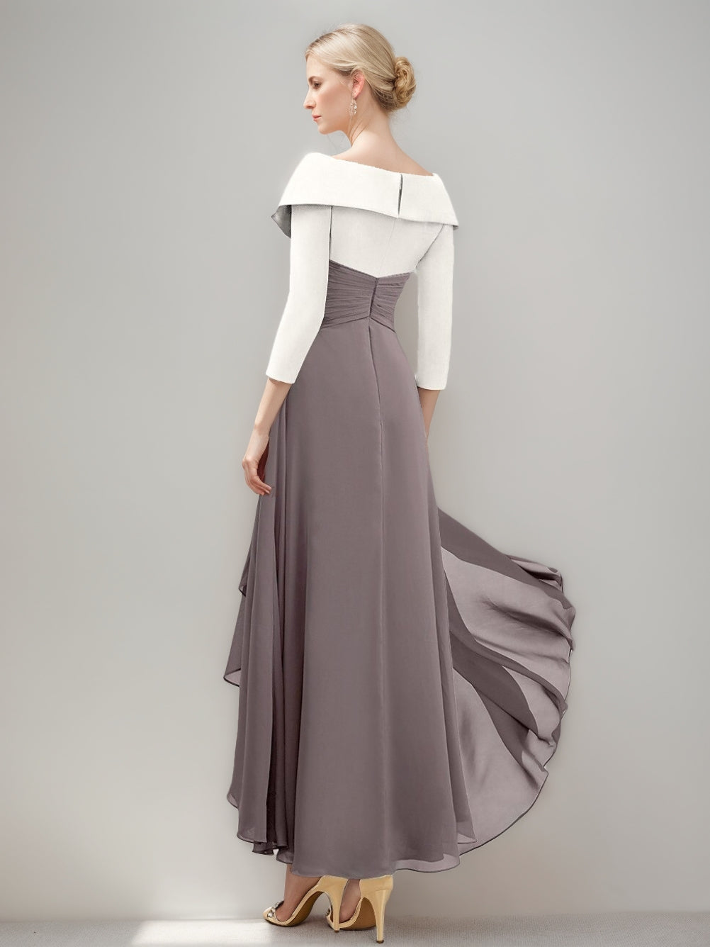 Ligne A/Princesse Col en V 3/4 Manches Asymétrique Pleated Robes Mère de La Mariée avec Froufrous