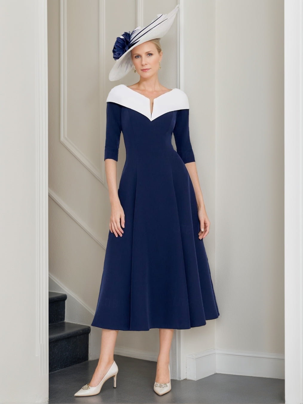 Ligne A/Princesse Col en V Demi-manches Longueur de Thé Robes Mère de La Mariée avec Plis