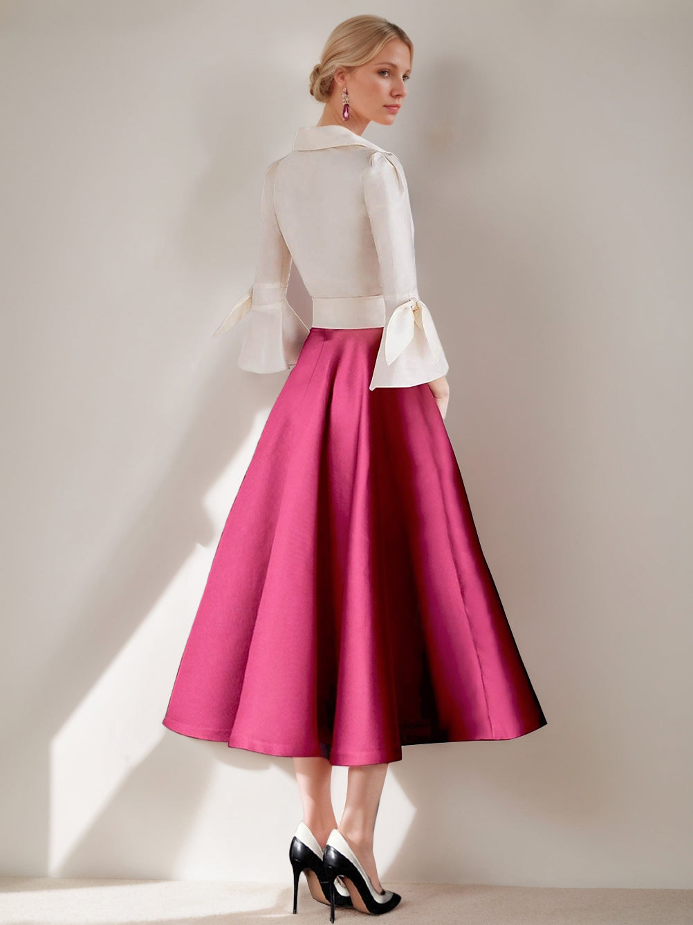 Ligne A/Princesse Shirt Collar 3/4 Manches Longueur de Thé Pleated Robes Mère de La Mariée avec Ceinture & Bows
