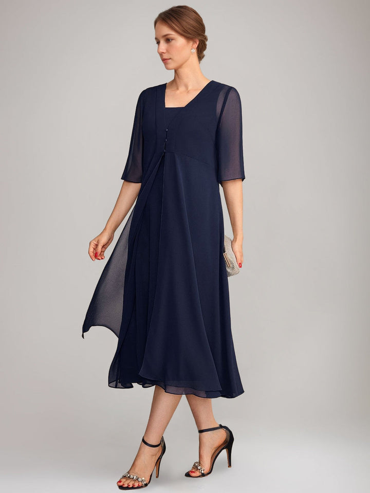 Ensemble mère de la mariée ligne A, col carré, sans manches, longueur midi, avec veste longue