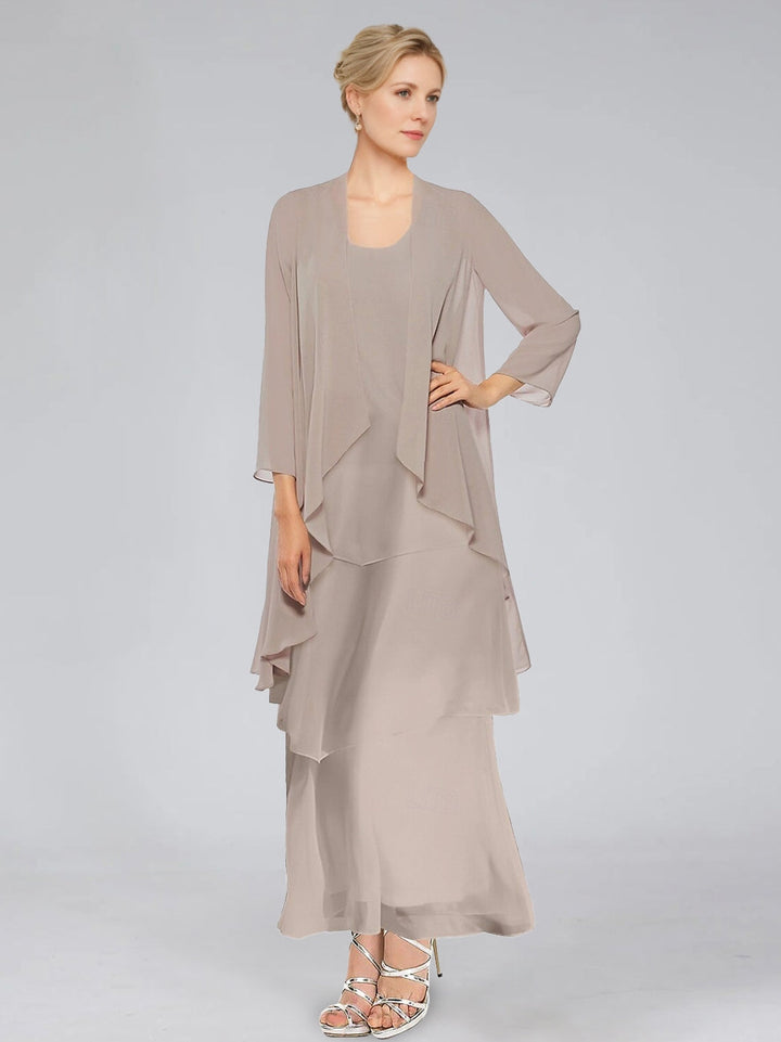 Ensemble mère de la mariée fourreau, col rond, sans manches, longueur cheville, volants à gradins avec veste