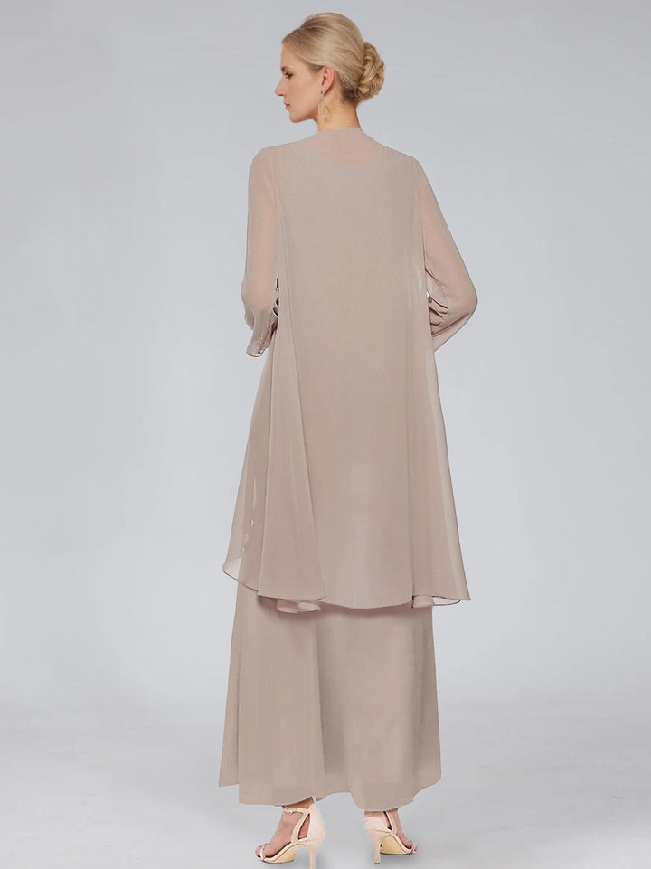 Ensemble mère de la mariée fourreau, col rond, sans manches, longueur cheville, volants à gradins avec veste