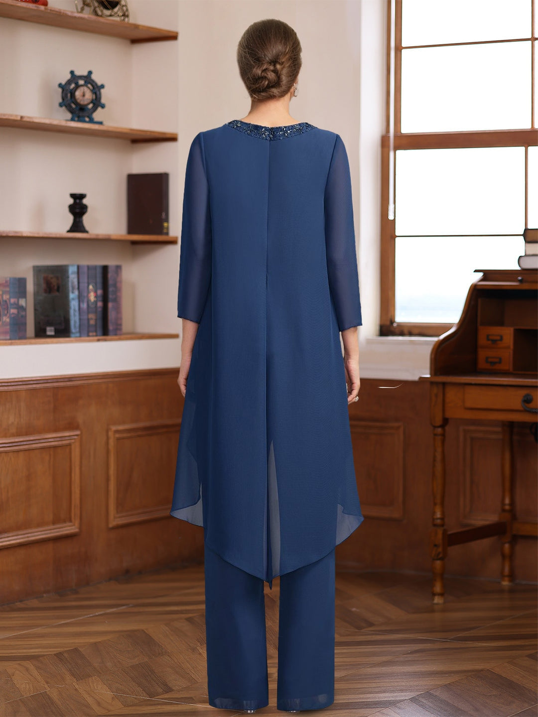 Ensemble pantalon 2 pièces mère de la mariée, col rond, manches 3/4, longueur sol, sequins et perles