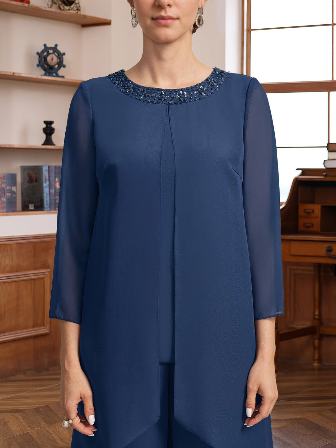 Ensemble pantalon 2 pièces mère de la mariée, col rond, manches 3/4, longueur sol, sequins et perles