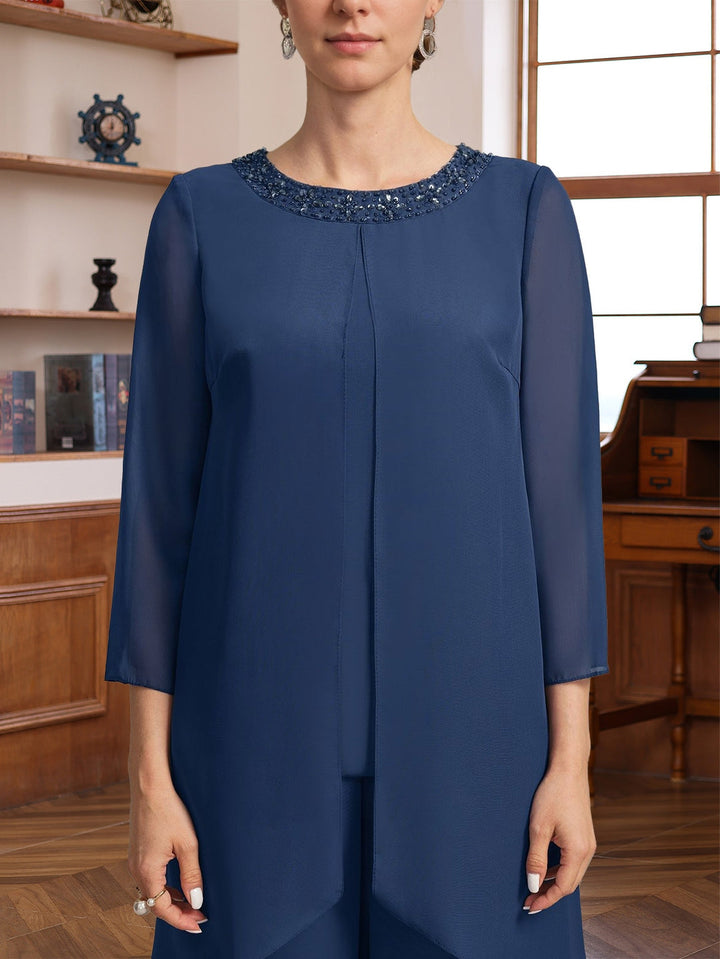 Ensemble pantalon 2 pièces mère de la mariée, col rond, manches 3/4, longueur sol, sequins et perles