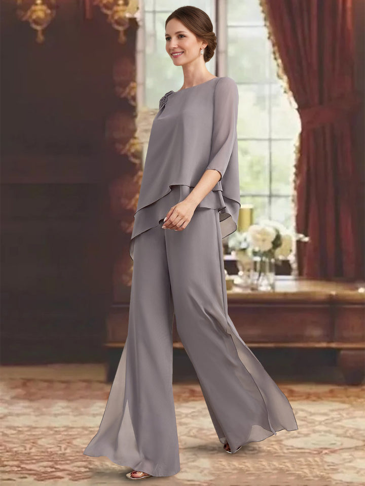 Ensemble pantalon 2 pièces mère de la mariée col rond, manches 3/4, longueur sol, appliques bijou