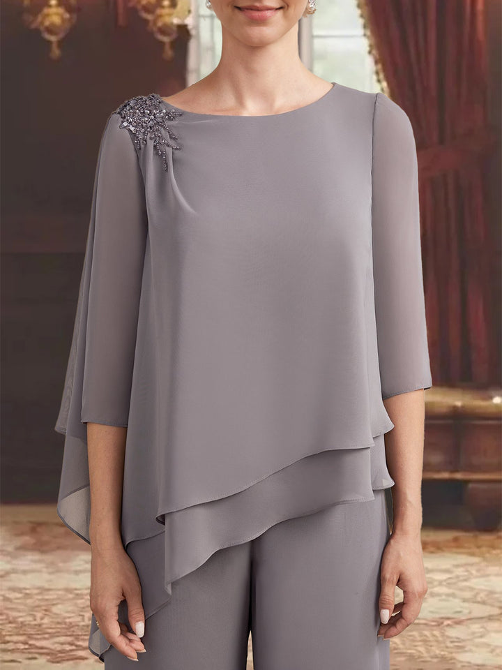 Ensemble pantalon 2 pièces mère de la mariée col rond, manches 3/4, longueur sol, appliques bijou