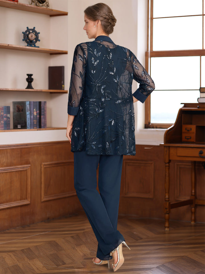 Ensemble pantalon 3 pièces mère de la mariée col rond, sans manches, appliques, sequins, veste, longueur sol