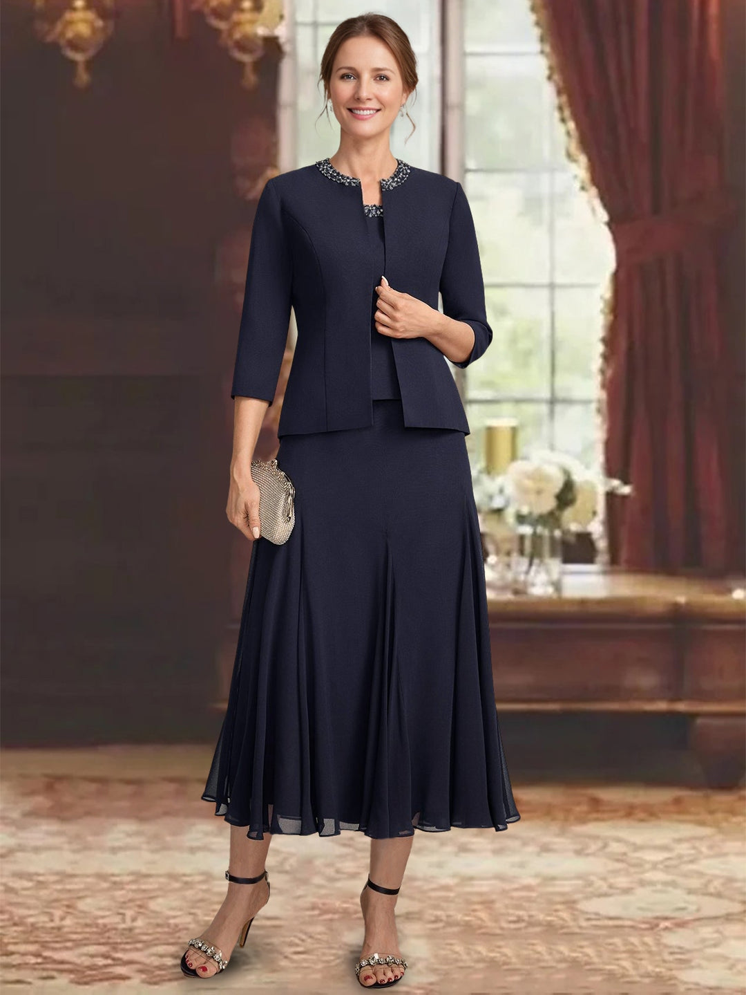 Ensemble 3 pièces mère de la mariée ligne A, col rond, sans manches, longueur midi, plissé, sequins et perles