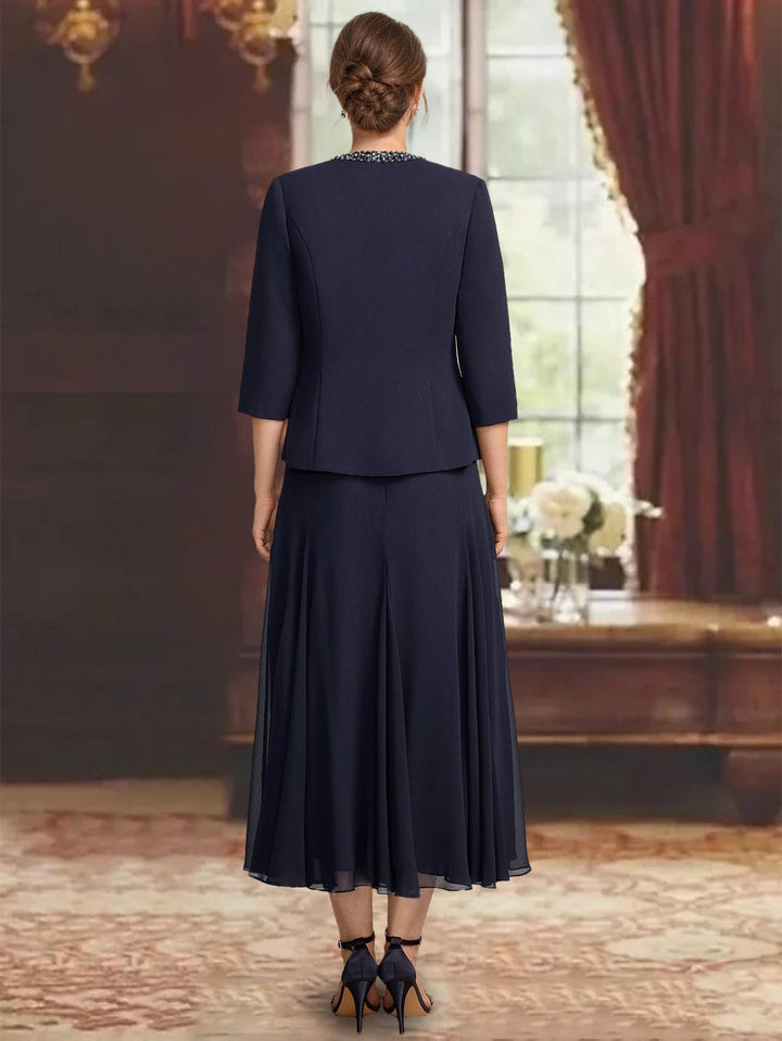 Ensemble 3 pièces mère de la mariée ligne A, col rond, sans manches, longueur midi, plissé, sequins et perles