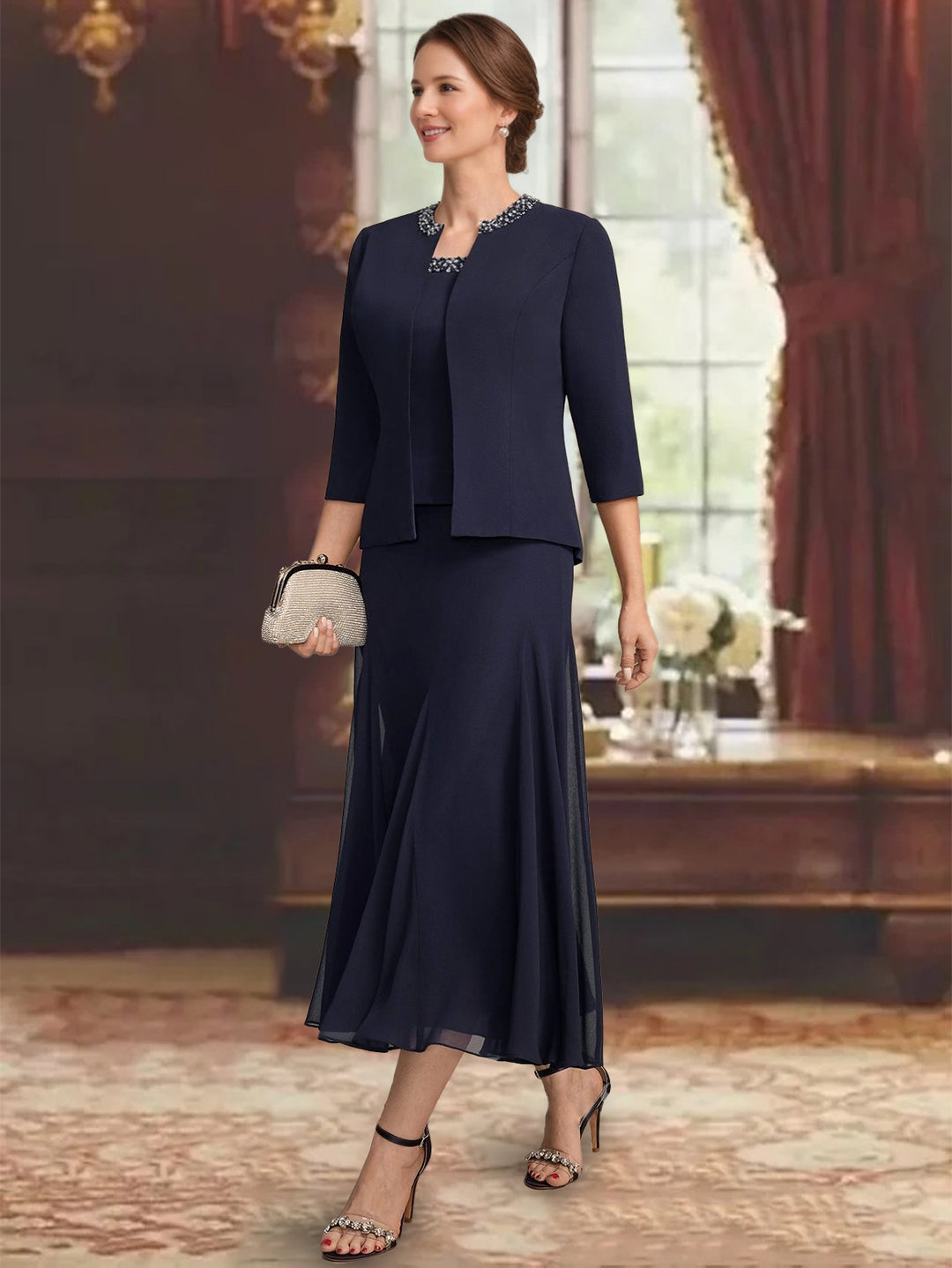 Ensemble 3 pièces mère de la mariée ligne A, col rond, sans manches, longueur midi, plissé, sequins et perles