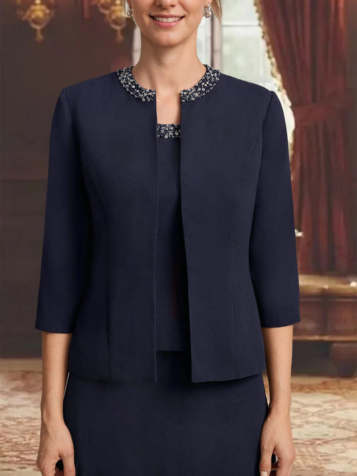 Ensemble 3 pièces mère de la mariée ligne A, col rond, sans manches, longueur midi, plissé, sequins et perles