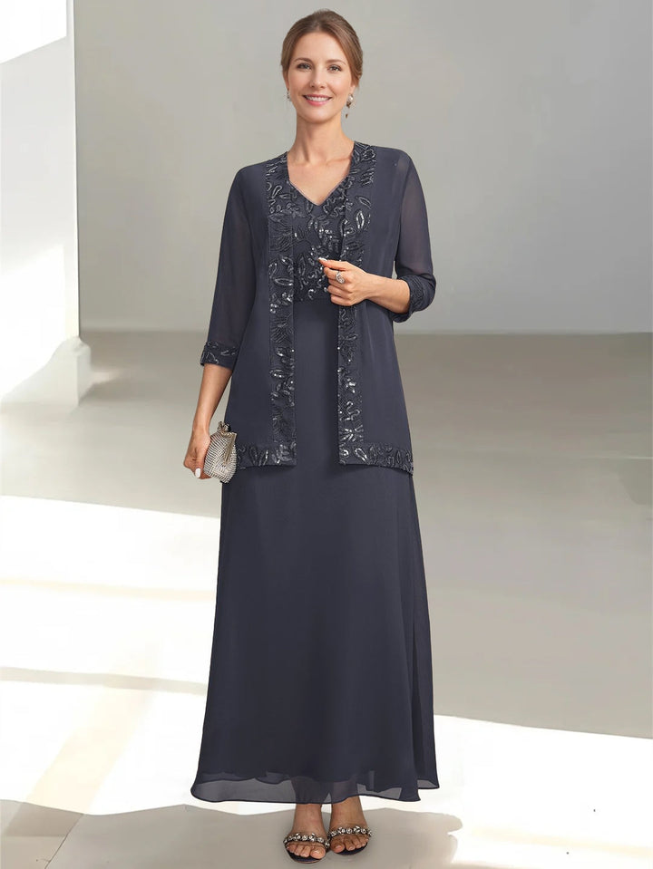 Ensemble 2 pièces mère de la mariée ligne A, col V, sans manches, longueur cheville, appliques et sequins avec veste