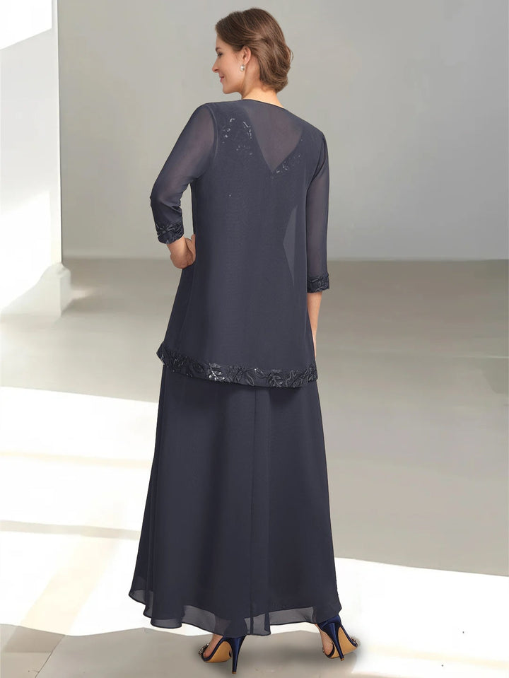 Ensemble 2 pièces mère de la mariée ligne A, col V, sans manches, longueur cheville, appliques et sequins avec veste