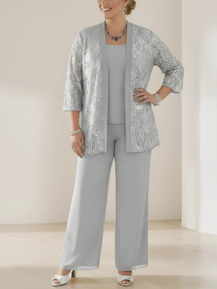 Ensemble pantalon 3 pièces mère de la mariée taille plus col rond, manches 3/4, dentelle, sequins, veste, longueur cheville