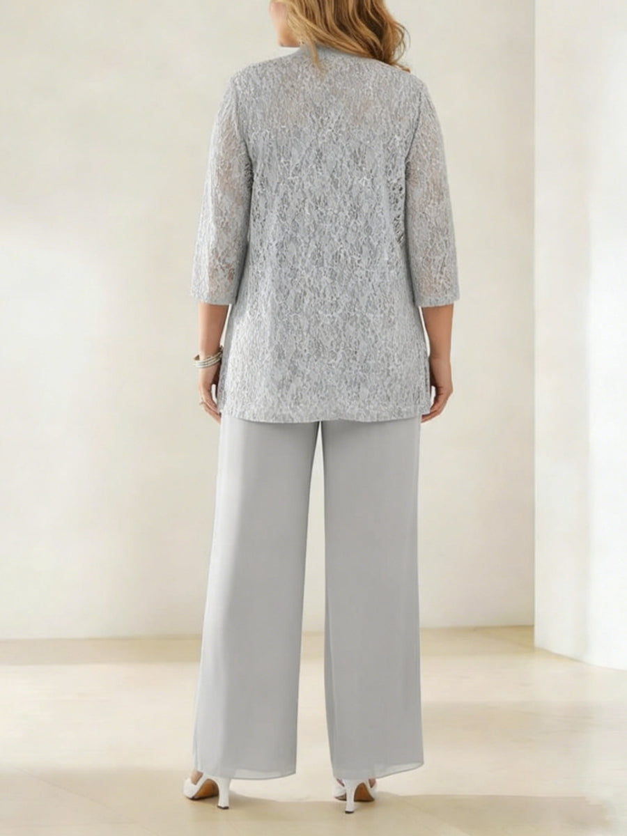 Ensemble pantalon 3 pièces mère de la mariée taille plus col rond, manches 3/4, dentelle, sequins, veste, longueur cheville