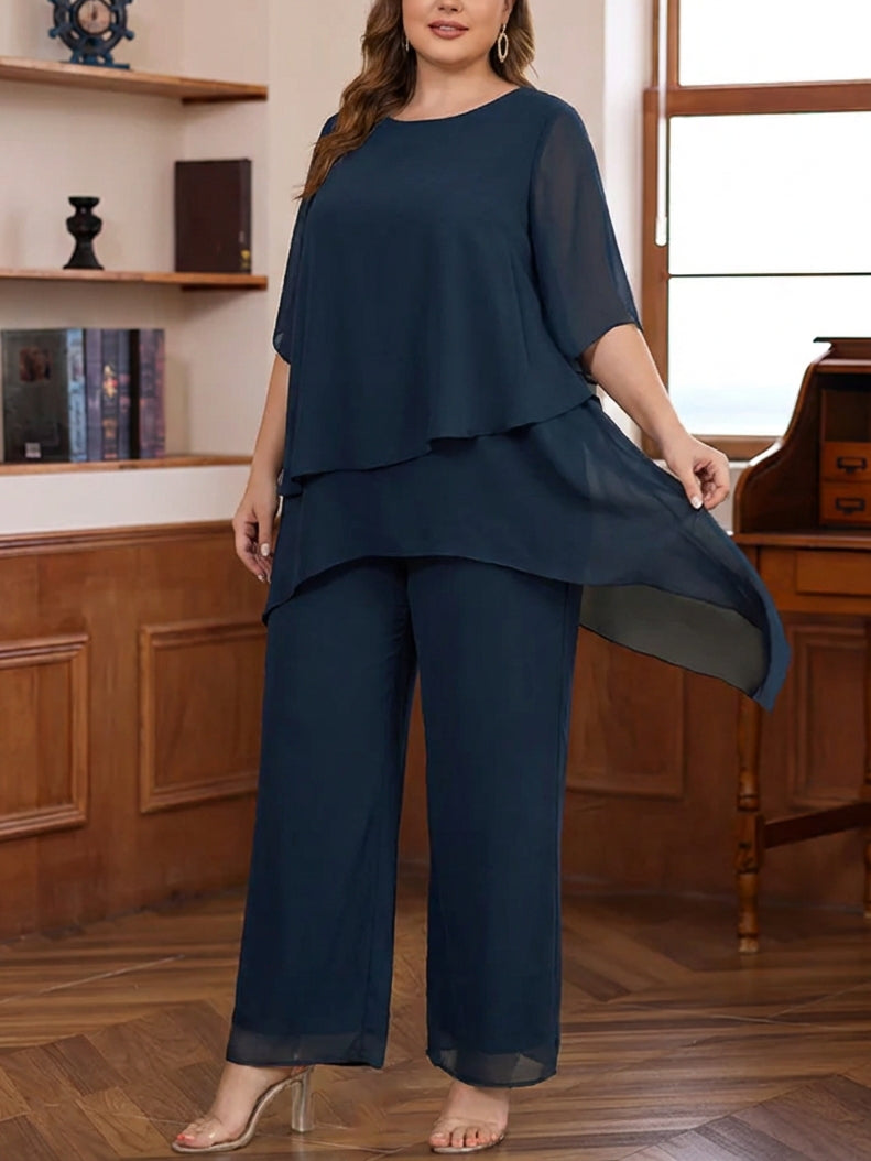 Ensemble pantalon mère de la mariée, taille plus, 2 pièces, col rond, mousseline, longueur cheville, manches mi-longues