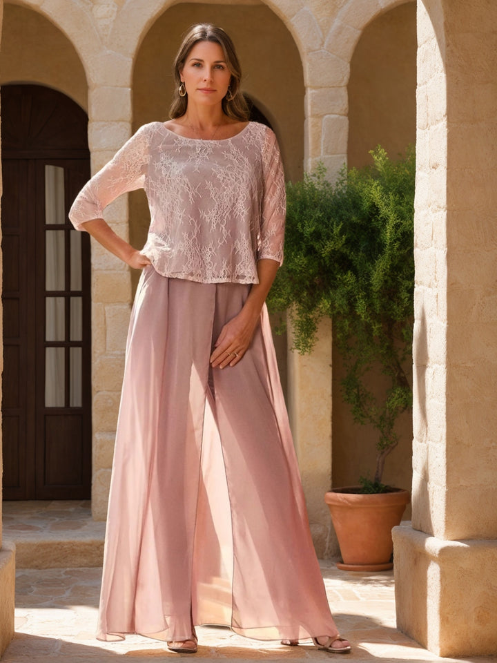 Ensemble pantalon 2 pièces mère de la mariée col rond, manches 3/4, dentelle appliques, longueur sol