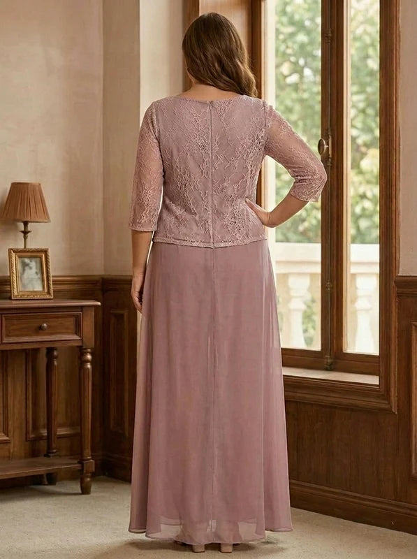 Robe Mère de la Mariée, Grande Taille, Tailleur-Pantalon, Col Rond, Manches 3/4, Longueur au Sol, Mousseline en Dentelle, Appliqués