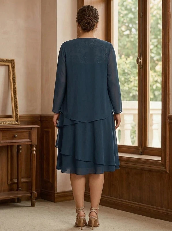 Robe Mère de la Mariée, Grande Taille, 2 Pièces, Ligne A/Princesse, Col Rond, Manches Longues, Longueur Genou, Mousseline, en Dentelle avec Veste