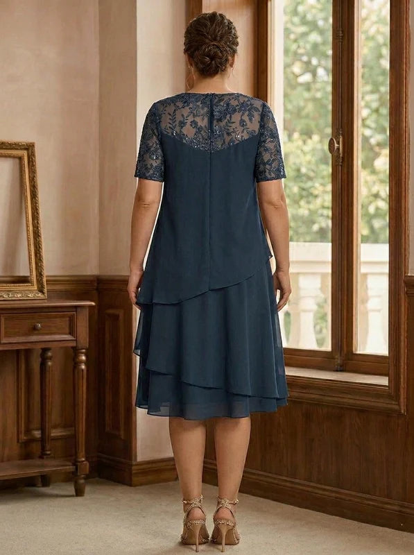 Robe Mère de la Mariée, Grande Taille, 2 Pièces, Ligne A/Princesse, Col Rond, Manches Longues, Longueur Genou, Mousseline, en Dentelle avec Veste