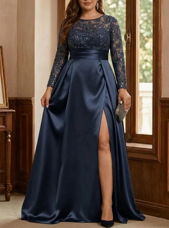 Robe Mère de la Mariée, Grande Taille, Ligne A/Princesse, Col Rond, Manches Longues, Longueur au Sol, Satin, à Paillettes avec Fente Latérale