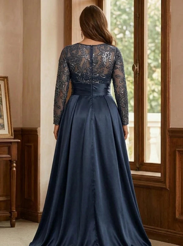 Robe Mère de la Mariée, Grande Taille, Ligne A/Princesse, Col Rond, Manches Longues, Longueur au Sol, Satin, à Paillettes avec Fente Latérale