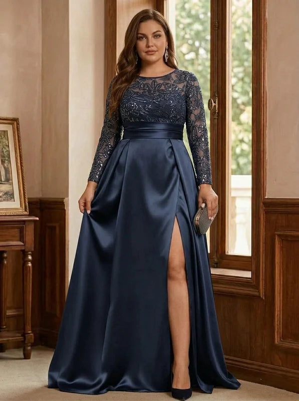Robe Mère de la Mariée, Grande Taille, Ligne A/Princesse, Col Rond, Manches Longues, Longueur au Sol, Satin, à Paillettes avec Fente Latérale