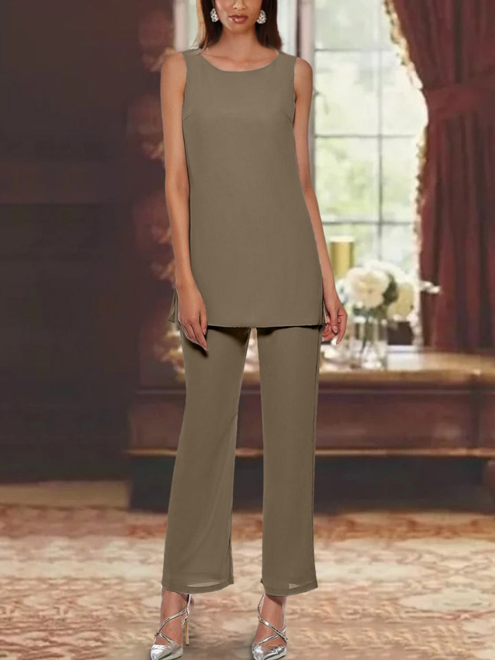 Ensemble pantalon mère de la mariée mousseline sequins col rond, veste
