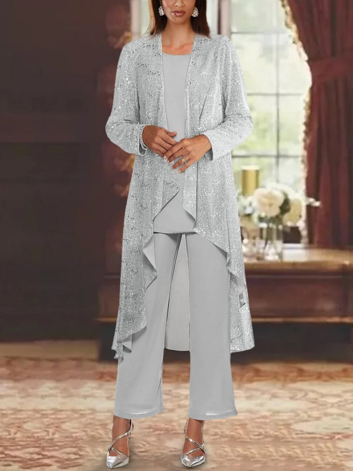 Ensemble pantalon mère de la mariée mousseline sequins col rond, veste