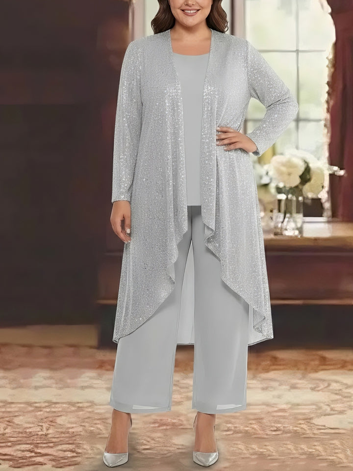Ensemble pantalon 3 pièces mère de la mariée taille plus mousseline sequins col rond, veste, manches longues, longueur cheville