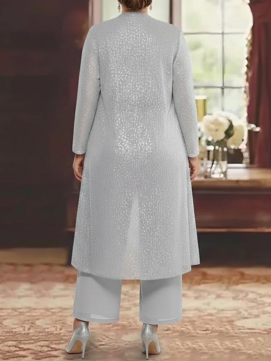 Ensemble pantalon 3 pièces mère de la mariée taille plus mousseline sequins col rond, veste, manches longues, longueur cheville