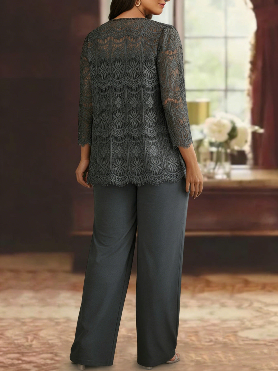 Ensemble pantalon taille plus mère de la mariée, mousseline dentelle col rond, veste, manches 3/4, longueur cheville