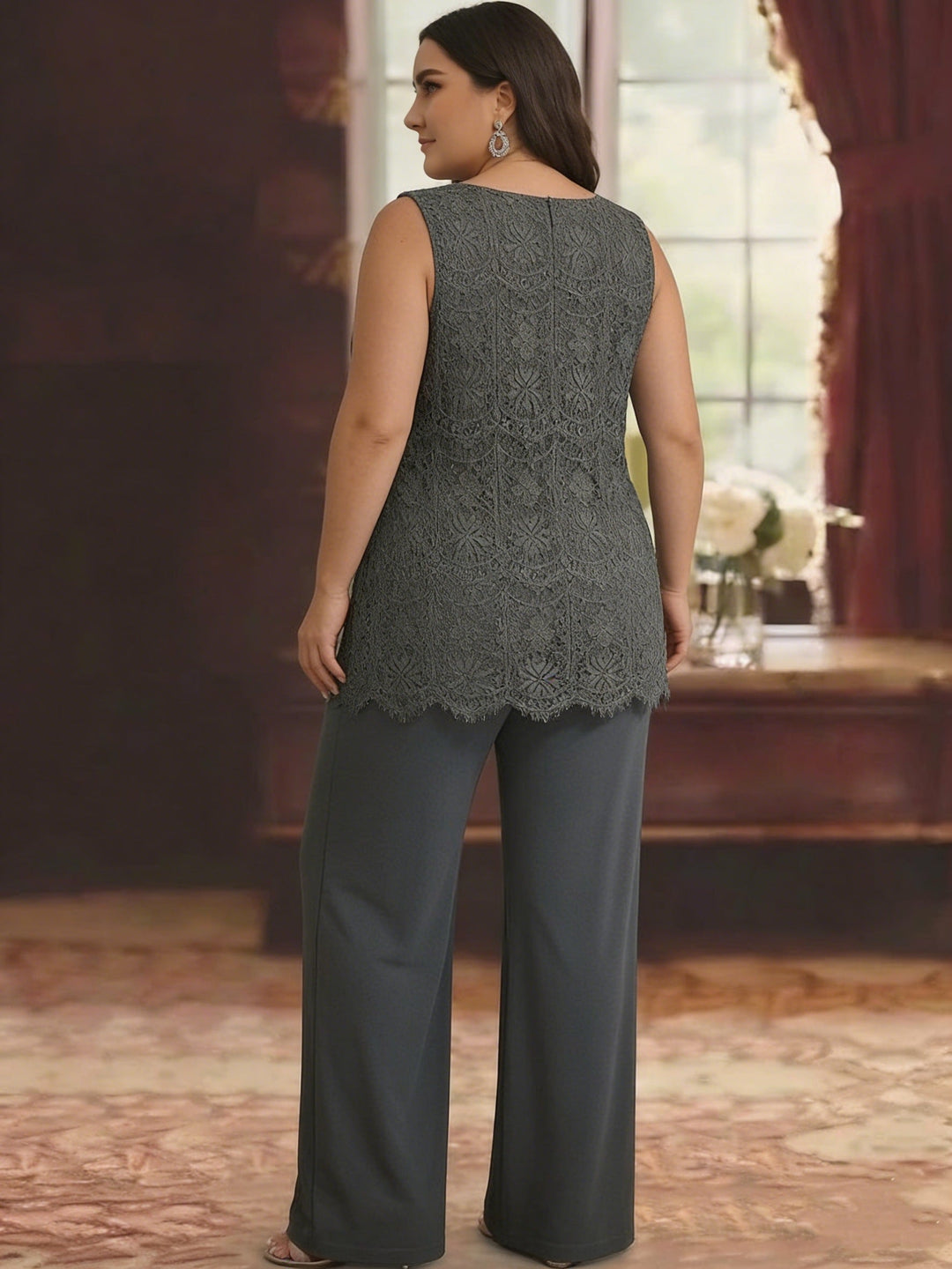 Ensemble pantalon taille plus mère de la mariée, mousseline dentelle col rond, veste, manches 3/4, longueur cheville