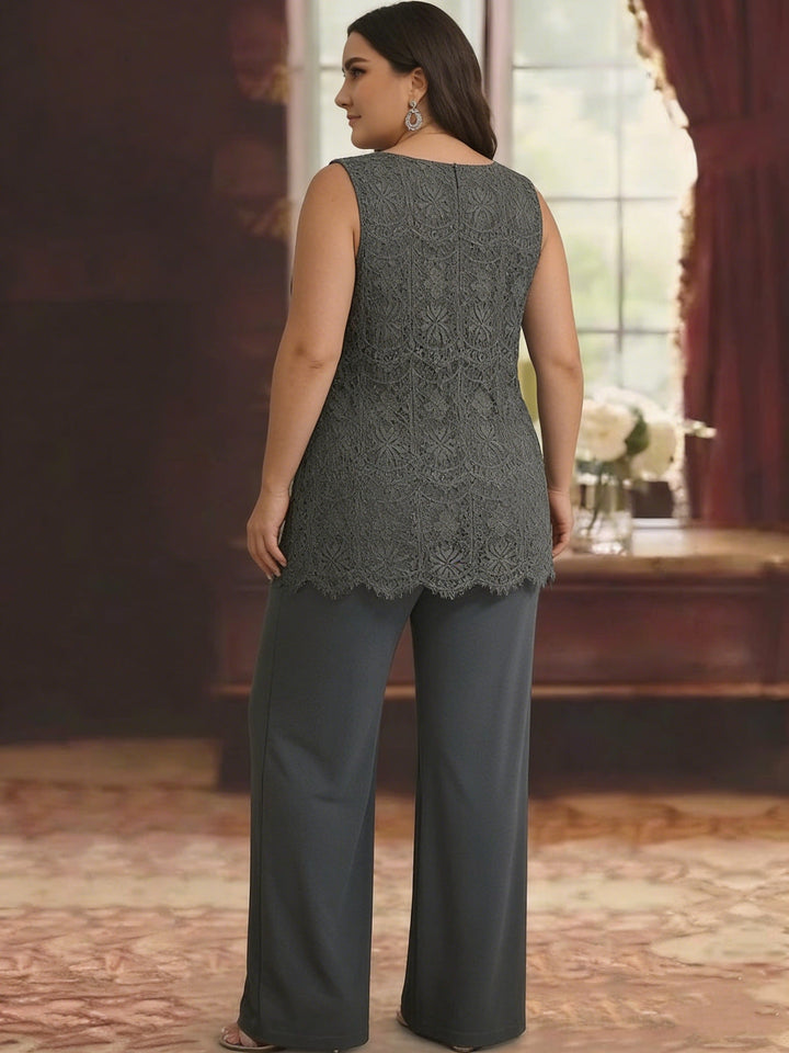Ensemble pantalon taille plus mère de la mariée, mousseline dentelle col rond, veste, manches 3/4, longueur cheville
